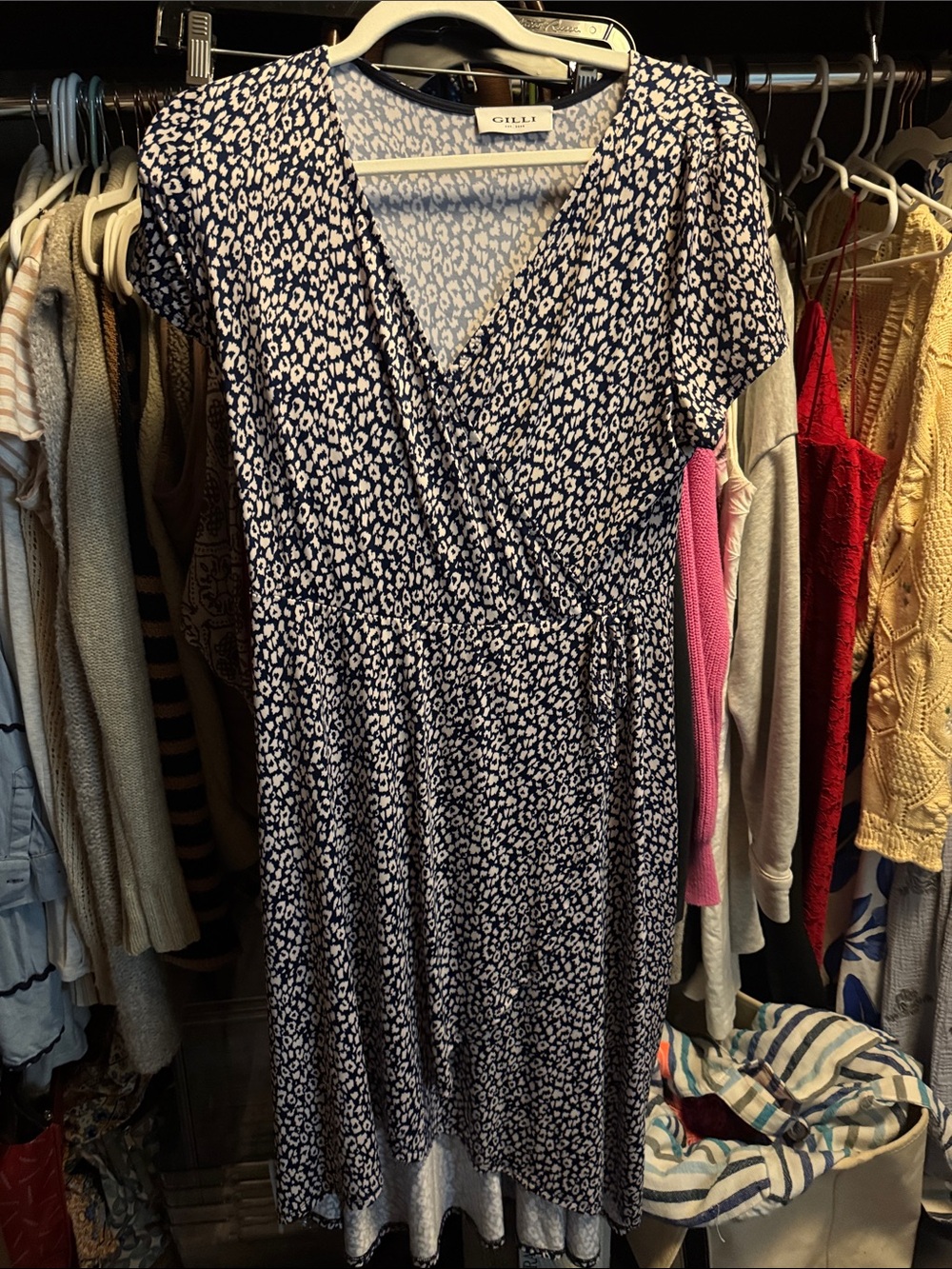 Gilli Navy and White Printed Wrap-Style Midi Dress